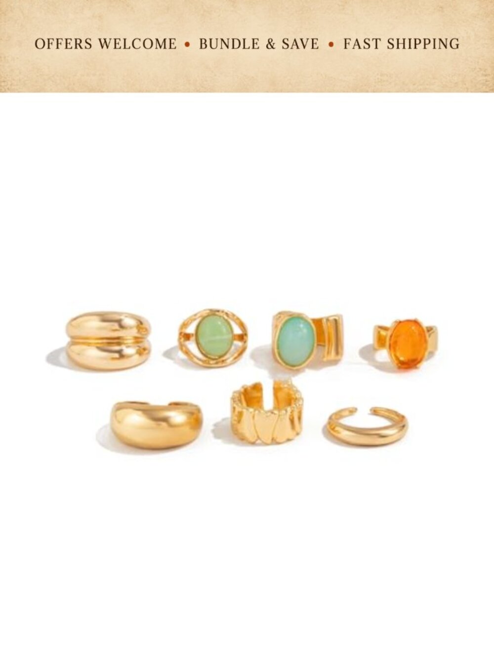 Chunky Gold Crystal Stackable Ring Set Natural Stone Adjustable
